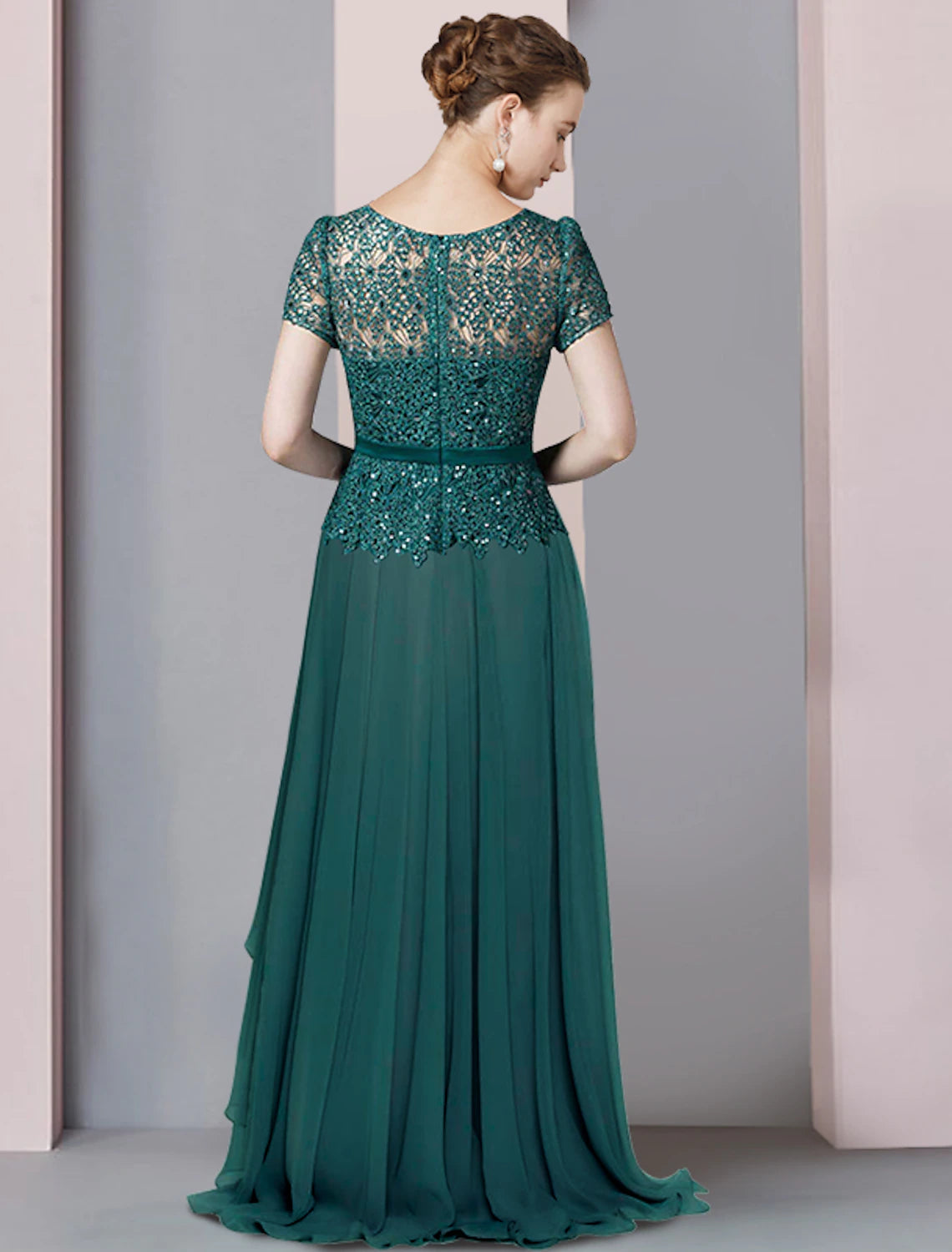 Abito da madre della sposa a trapezio, formale, da festa, scintillante e brillante, elegante, scollo a V, lunghezza pavimento, chiffon, paillettes, manica corta con pieghe e paillettes